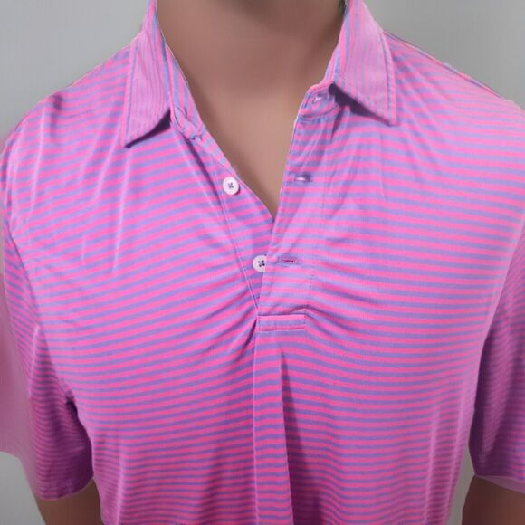 RLX Ralph Lauren Golf Shirt Mens Large Elk River Patch Pink Blue Stretch - Picture 1 of 12